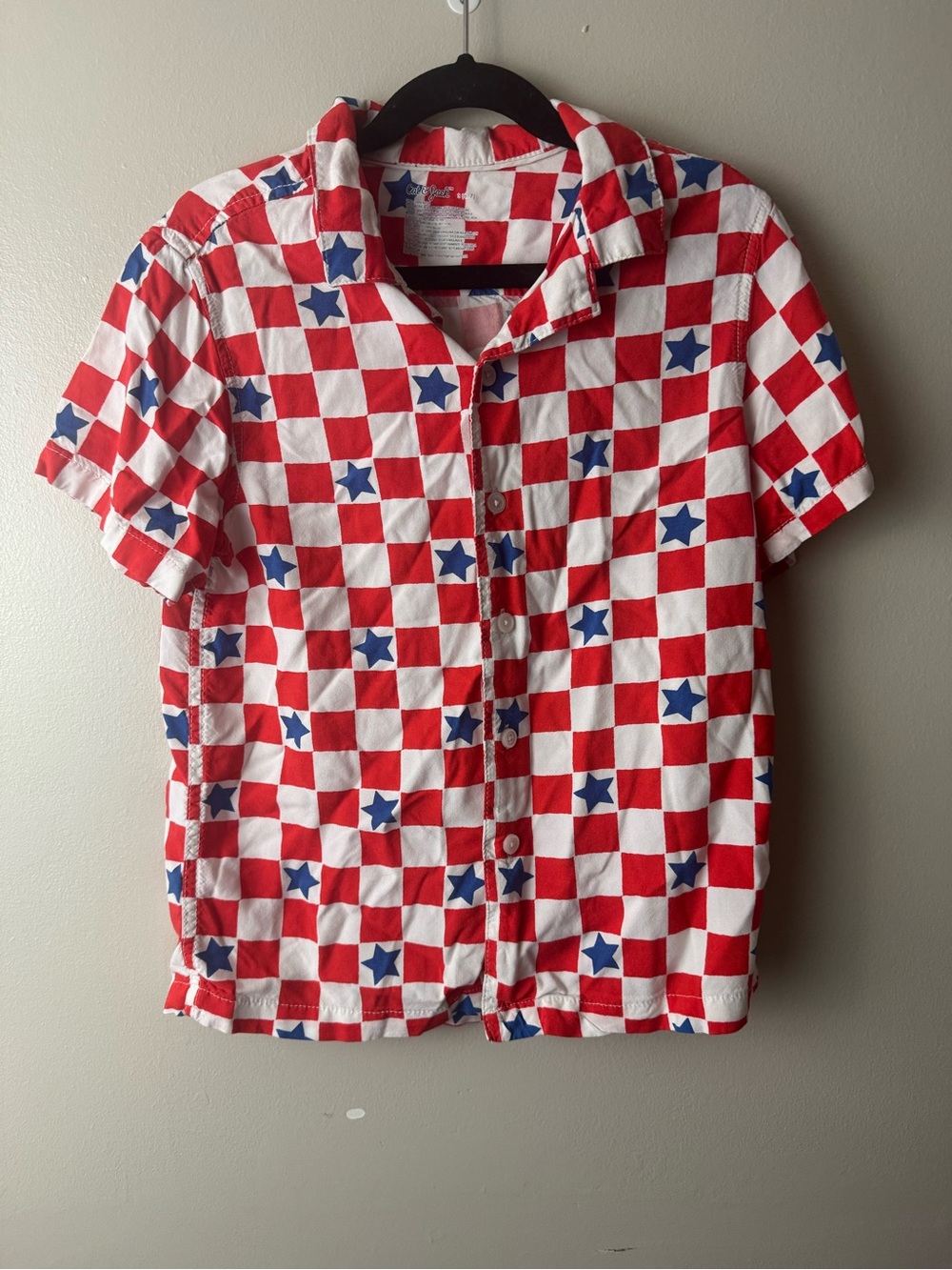 Cat & Jack Red & White Checker Button-Up Shirt Blue Stars Patriotic Summer 6/7